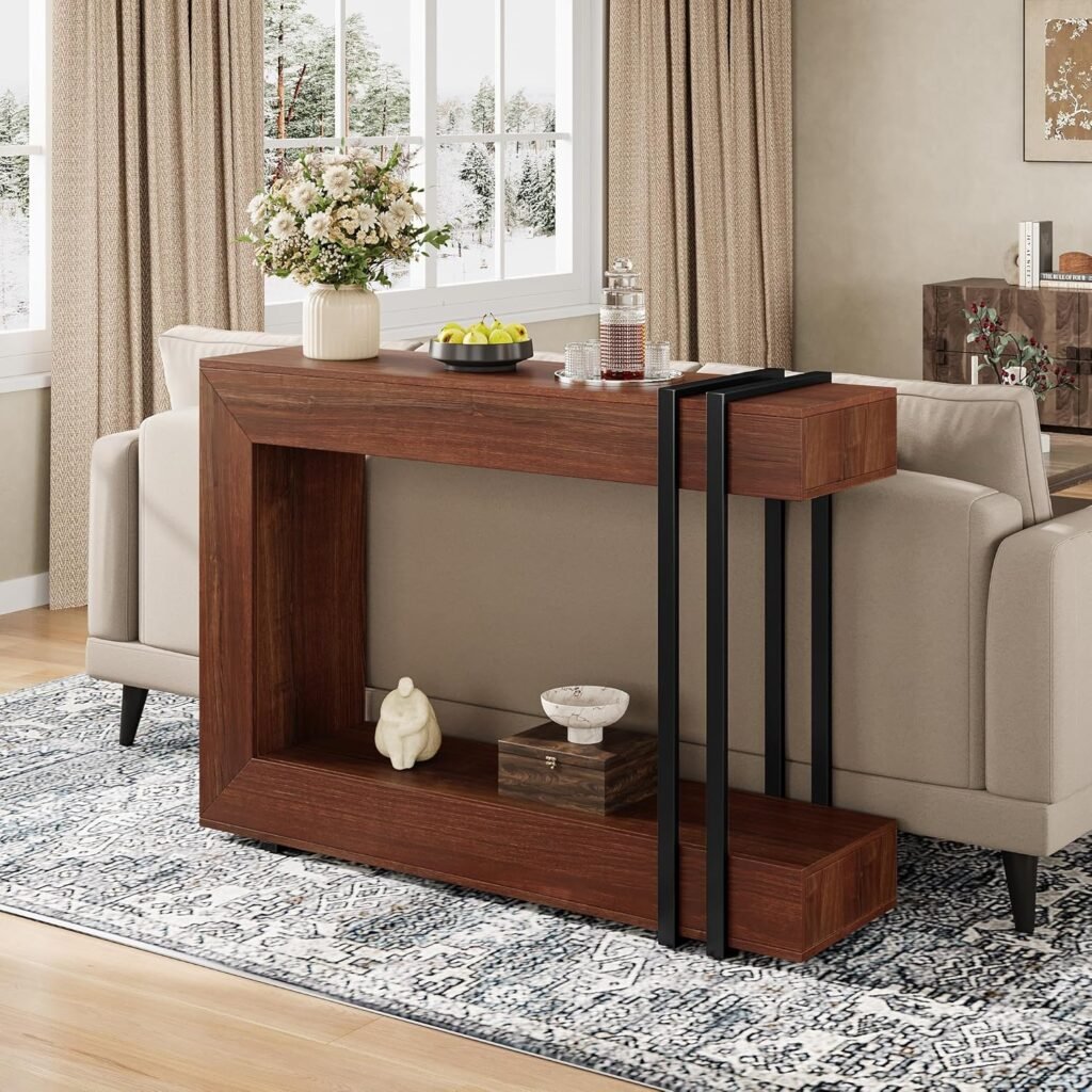 Modern console table with storage behind couch in living room