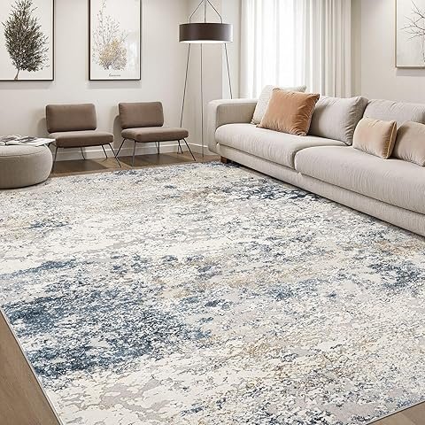 Modern abstract living room rug in blue and grey with a soft washable design.