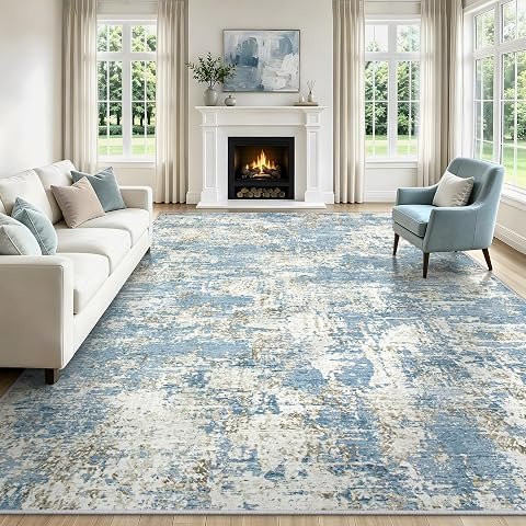 Modern abstract living room rug with blue and grey tones for cozy apartment