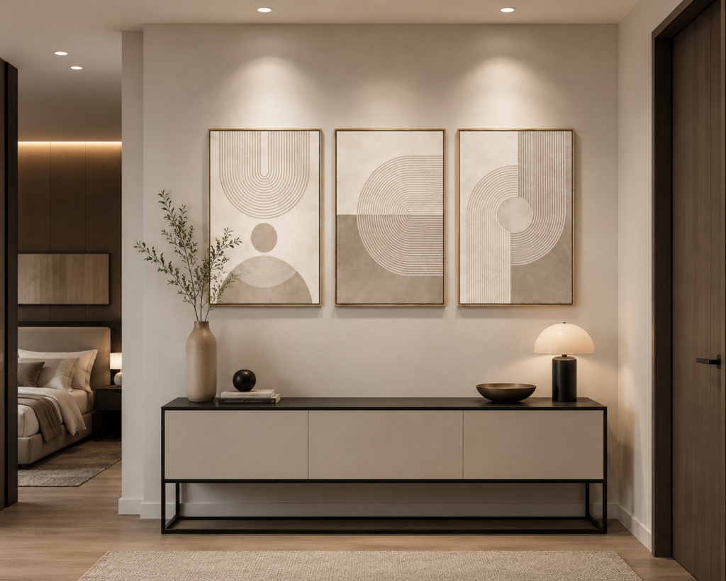 Minimalist wall art displayed in a modern hallway with a sleek console table and neutral décor