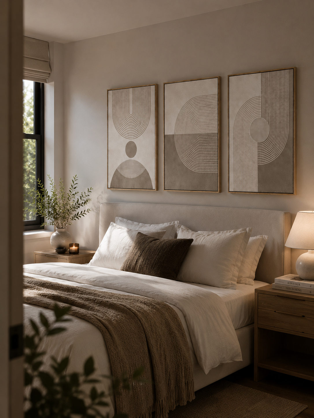 Three-piece minimalist wall art adding elegance to a contemporary bedroom with warm neutral tones