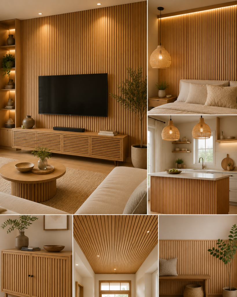 Modern living room featuring natural bamboo wall panels for modern interiors and warm wood accents