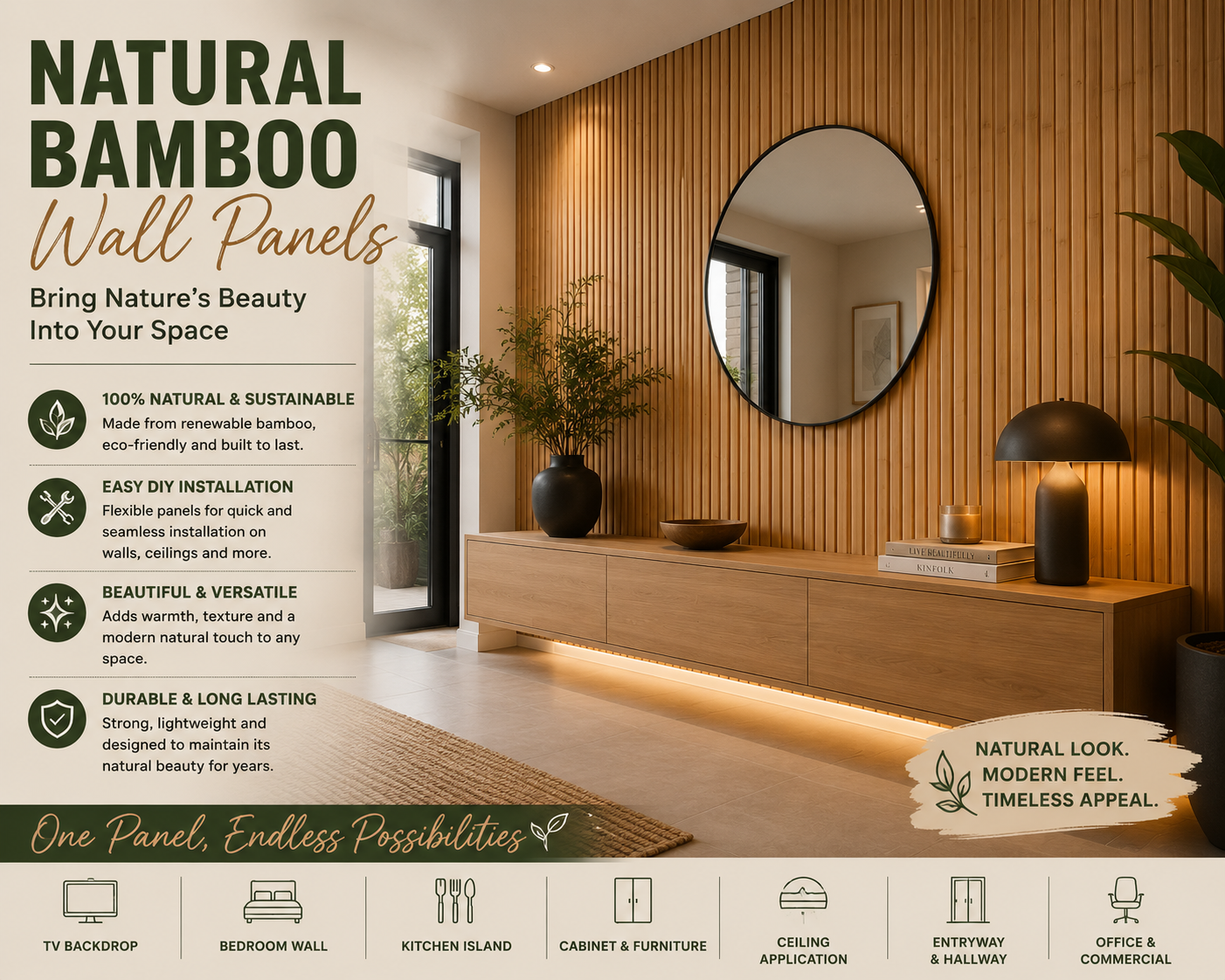 Natural bamboo wall panels for modern interiors in a stylish living room accent wall