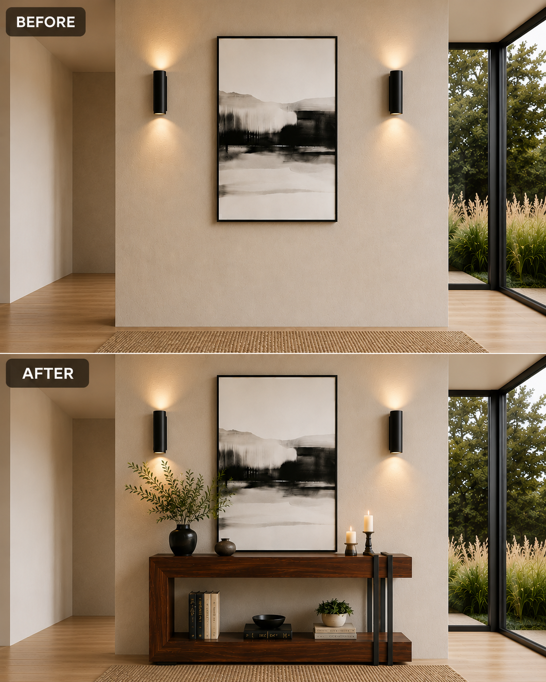 Before and after modern console table entryway transformation