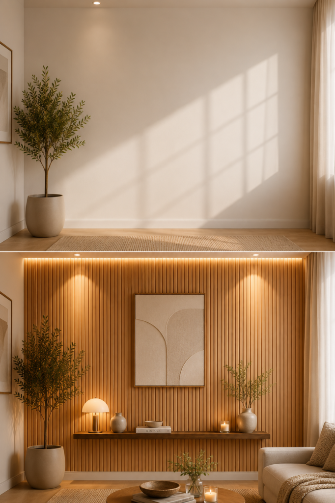 Before and after makeover using natural bamboo wall panels for modern interiors