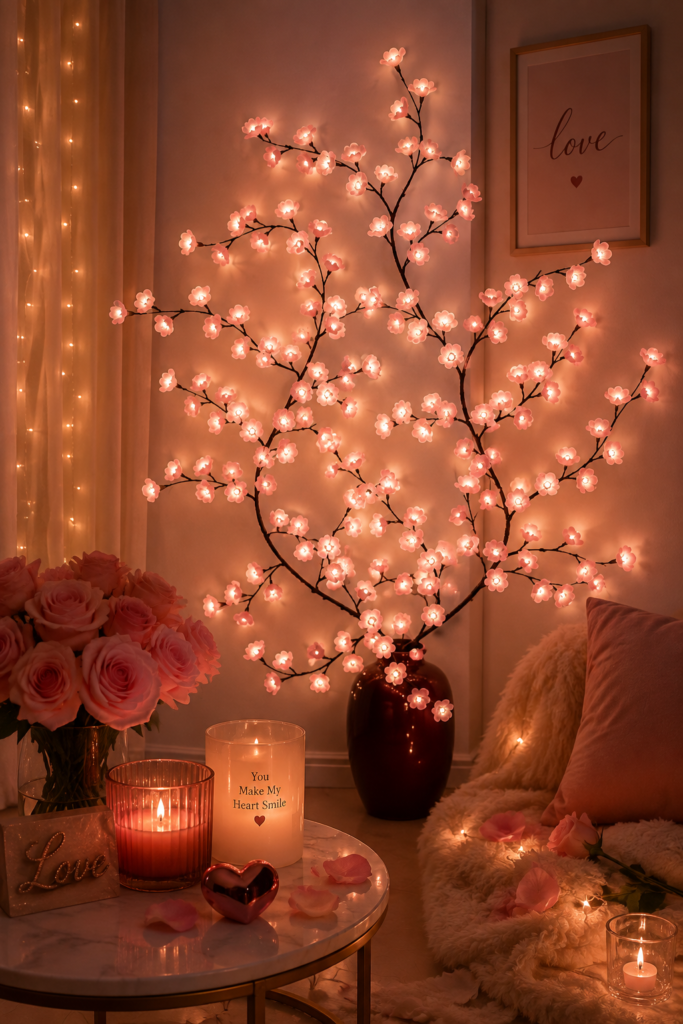 “Romantic cherry blossom lights transforming a cozy living room”