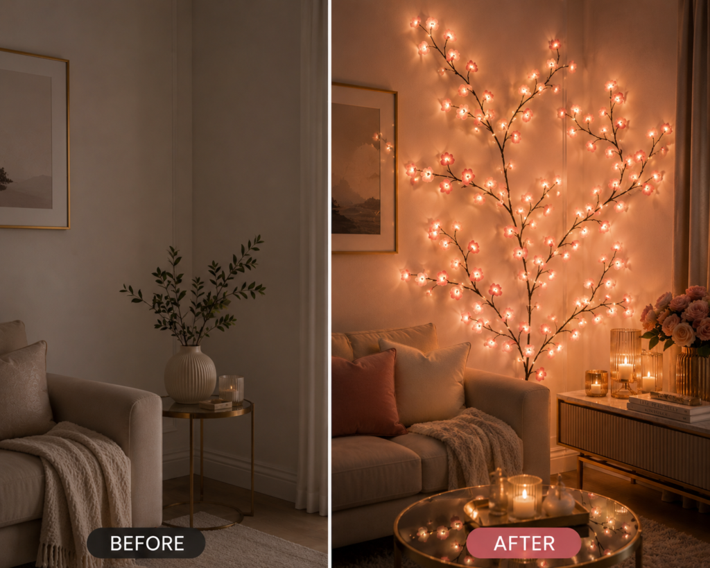 “Cozy living room before and after with cherry blossom lights”