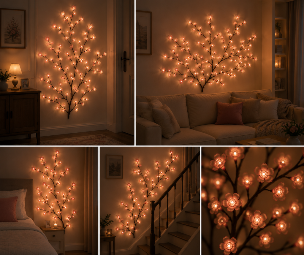 Cozy home decor featuring illuminated cherry blossom branches”