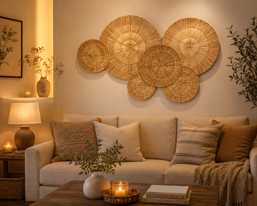 Natural jute wall decor above a cozy living room sofa