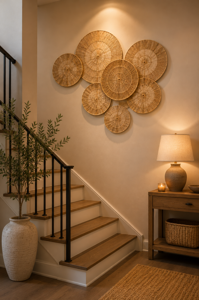Boho woven wall decor on a staircase wall with warm lighting