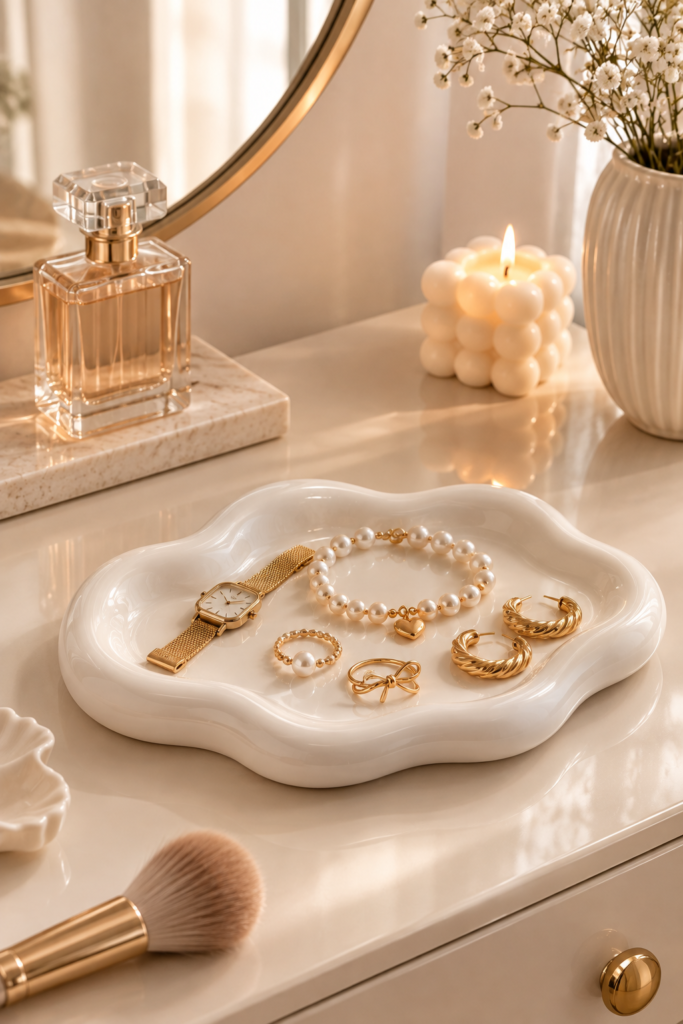 Cloud-shaped ceramic jewelry tray styled with perfume and jewelry in a minimalist bedroom.