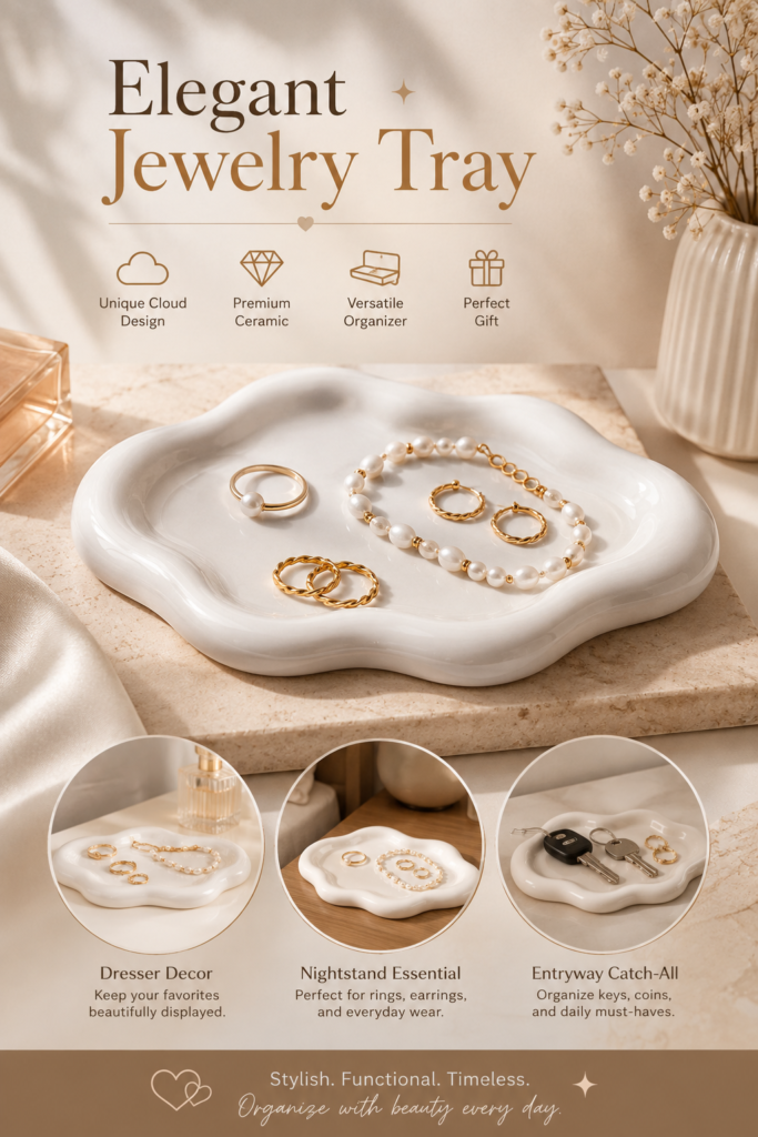 Minimalist ceramic jewelry tray with pearl jewelry on a stylish vanity countertop.