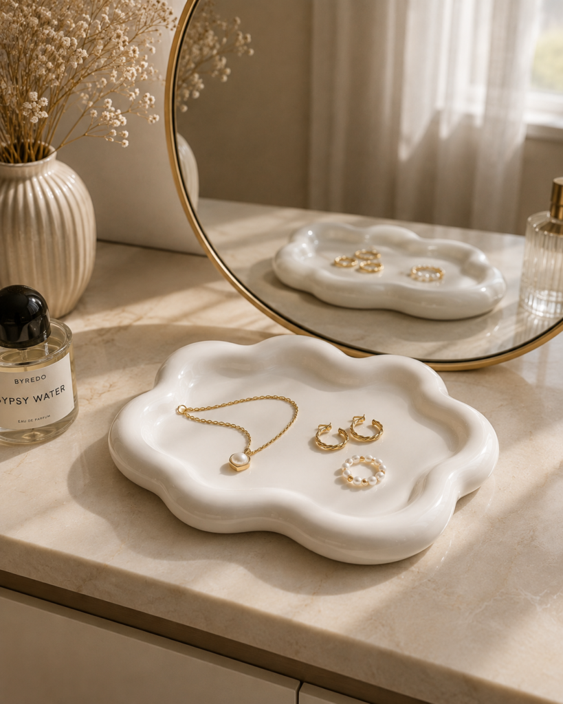 Ceramic jewelry tray with rings and earrings on a modern vanity.