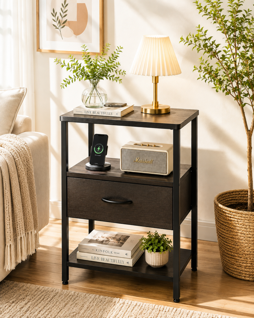 Modern night stand with charging station in a bright living room.