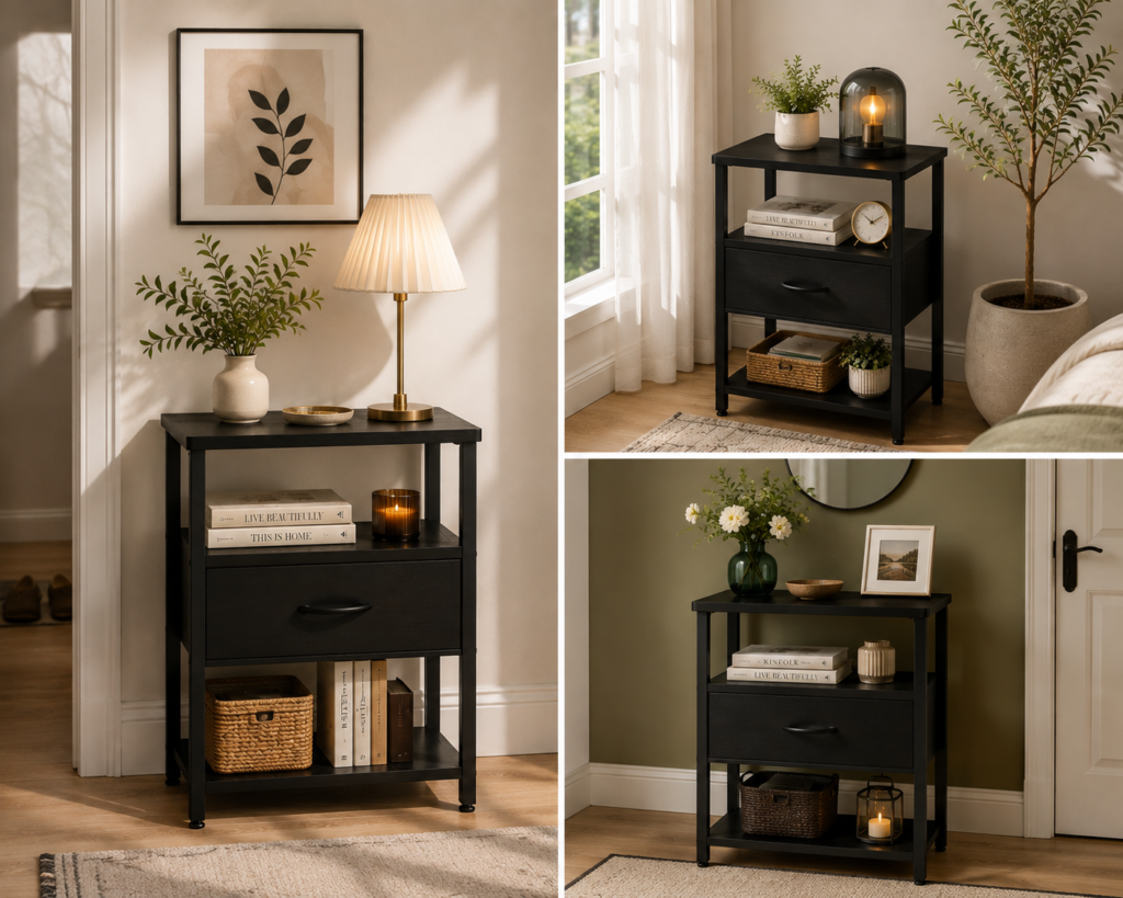 Multifunctional end table with charging station and open storage shelves.