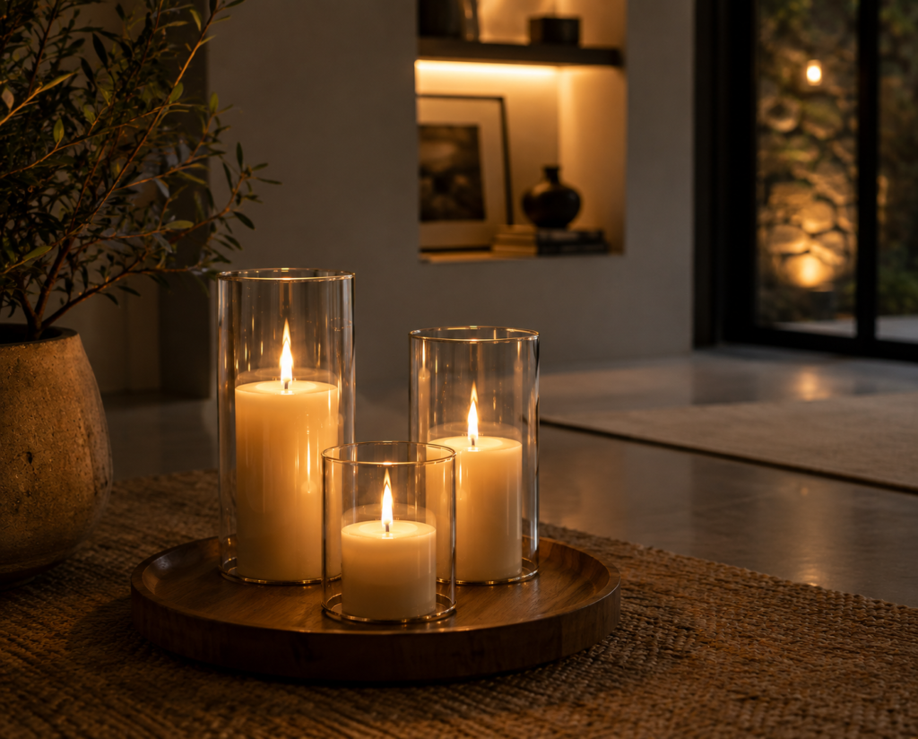 Battery operated glass flameless candles decorating a cozy living room.