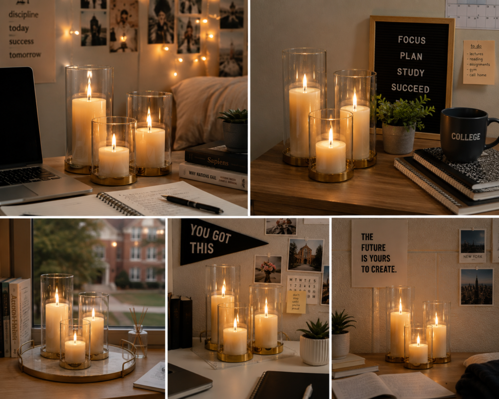 Stylish flickering flameless candles creating warm ambient lighting in a contemporary home.