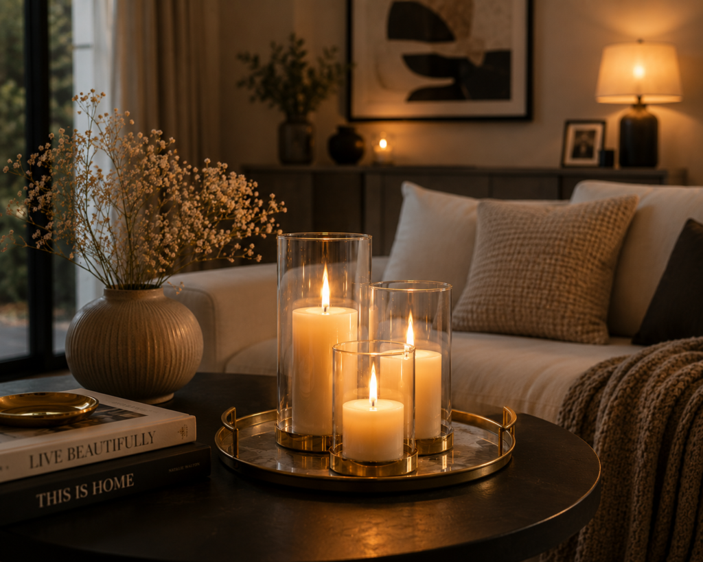 Modern LED flameless candles with remote control and clear glass holders.