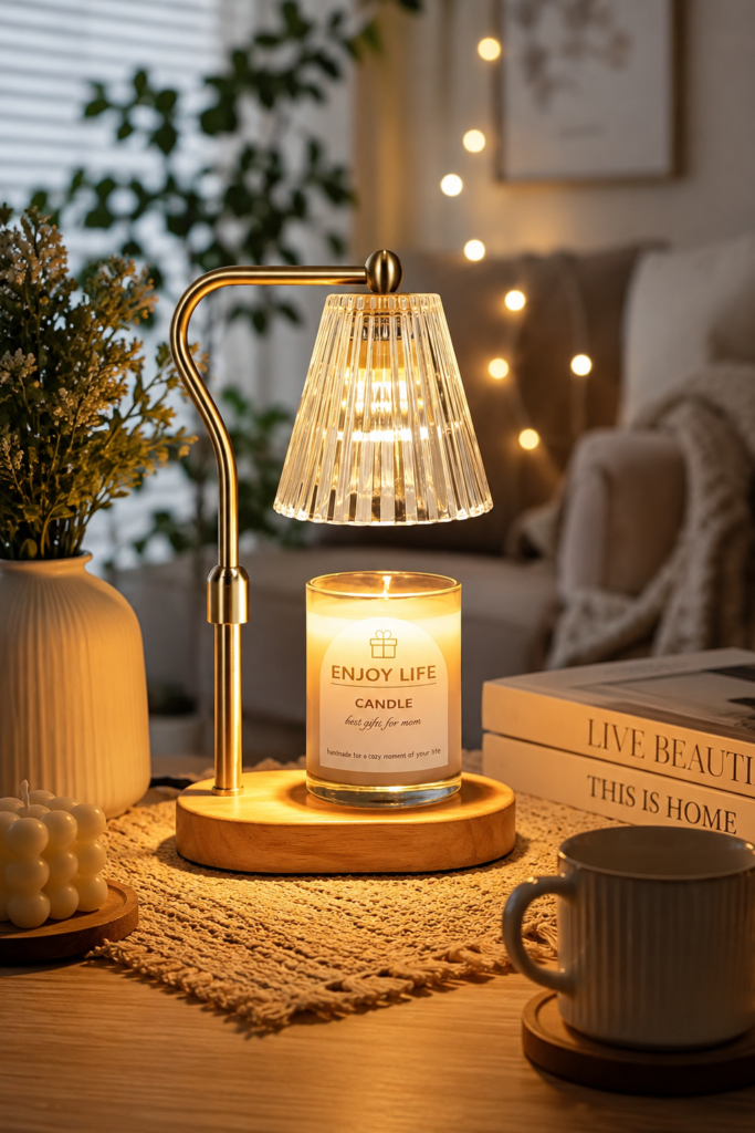 Candle warmer lamp styled on a coffee table in a cozy living room
