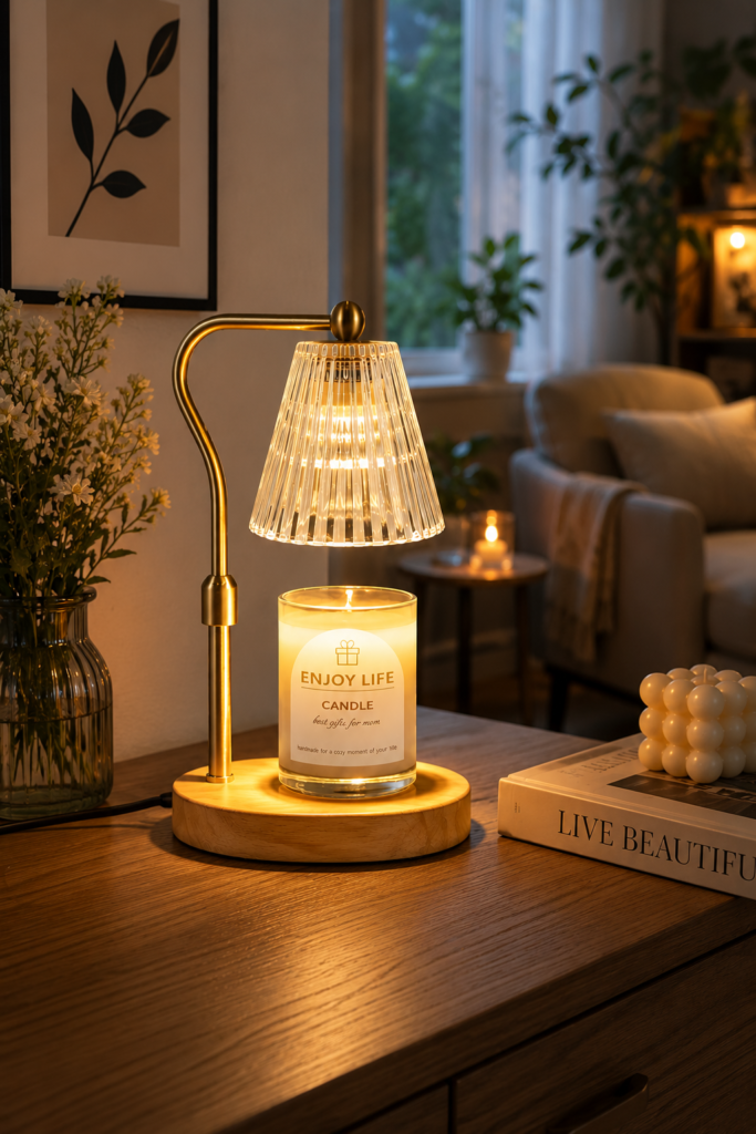 Candle warmer lamp with wooden base displayed in cozy home decor settings.
