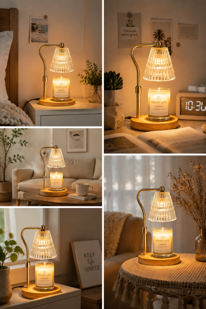 Gold candle warmer lamp with scented candle and warm ambient lighting