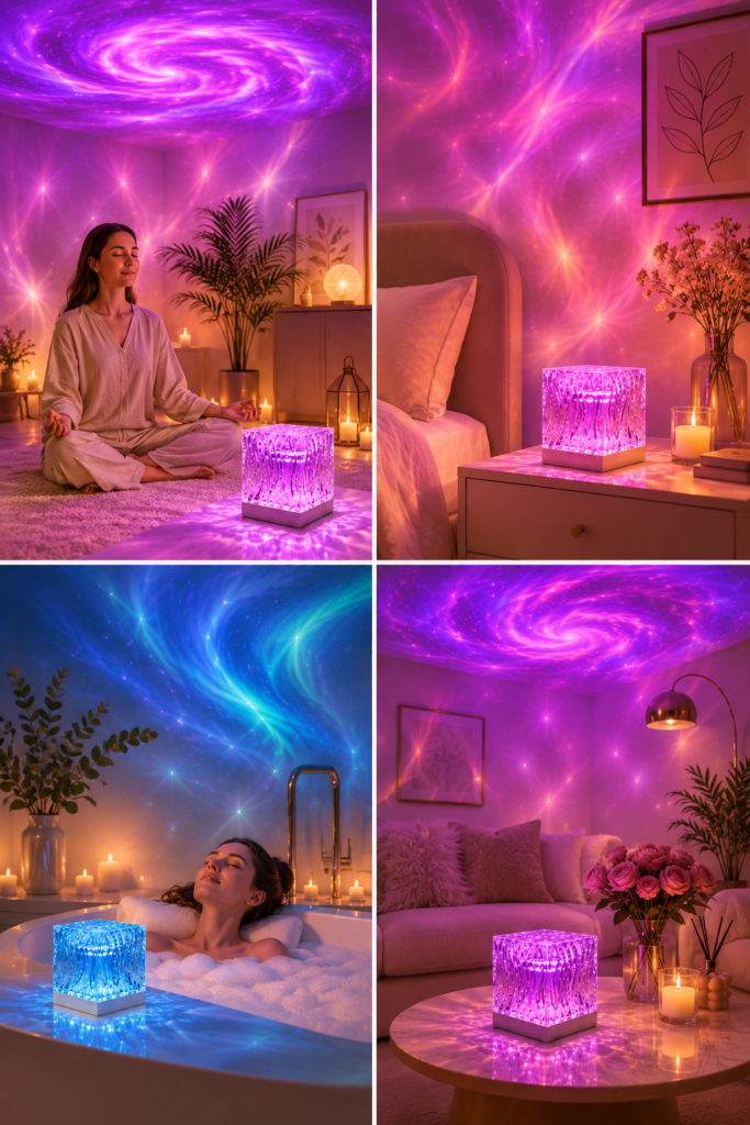 Galaxy projector for modern bedrooms creating a relaxing ambient atmosphere with colorful ceiling projections