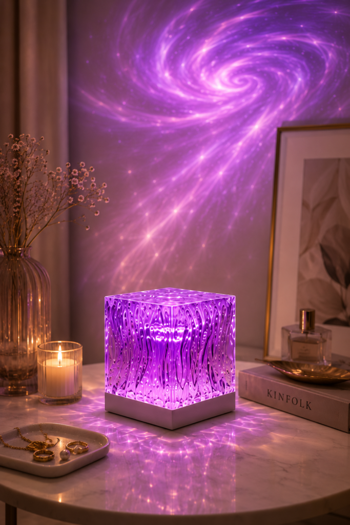 Galaxy projector for modern bedrooms casting purple spiral galaxy lights across a cozy contemporary bedroom.