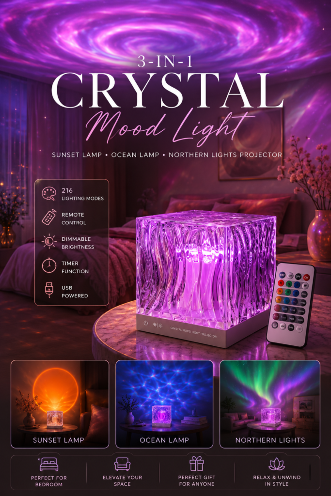 Modern crystal galaxy projector lamp creating ambient mood lighting on a stylish living room table.